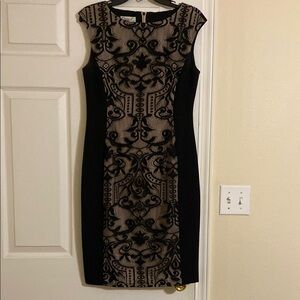 Black and Cream Sheath Midi Dress with Cap Sleeves